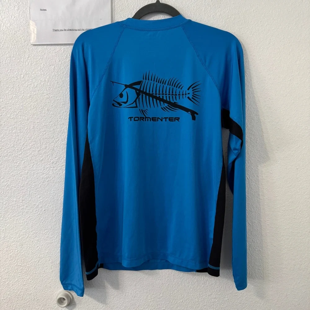 Tormenter Rash Guard Shirt Mens M‎ Blue Fish Logo Fishing SPF 50 Long Sleeve