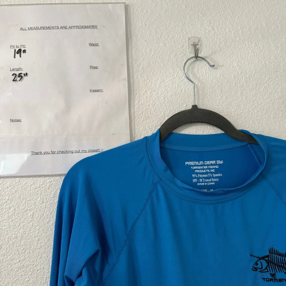 Tormenter Rash Guard Shirt Mens M‎ Blue Fish Logo Fishing SPF 50 Long Sleeve