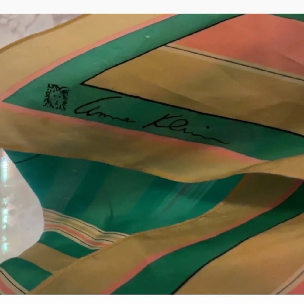 Vintage‎ Anne Klein Oblong Scarf Green Pink Gold Stripe 62