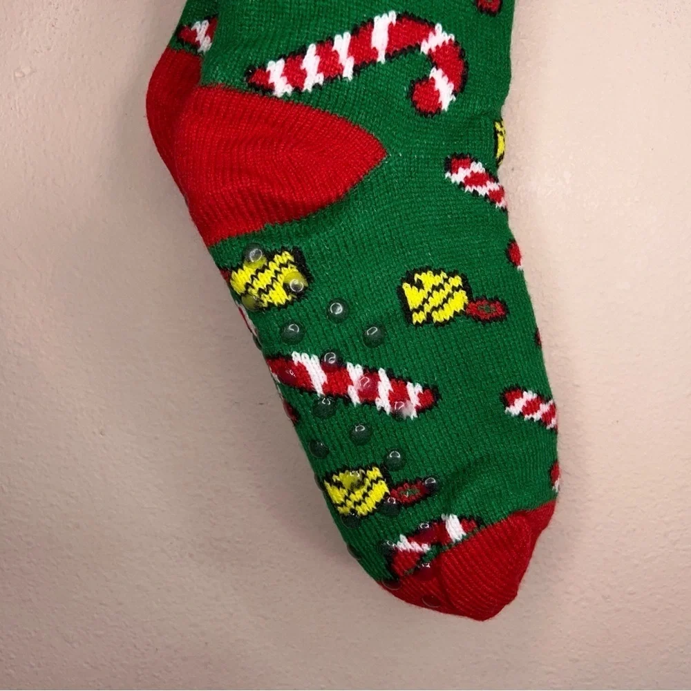 New Holiday Christmas Socks Womens One Size Faux Sherpa Lining Green Bell Candy