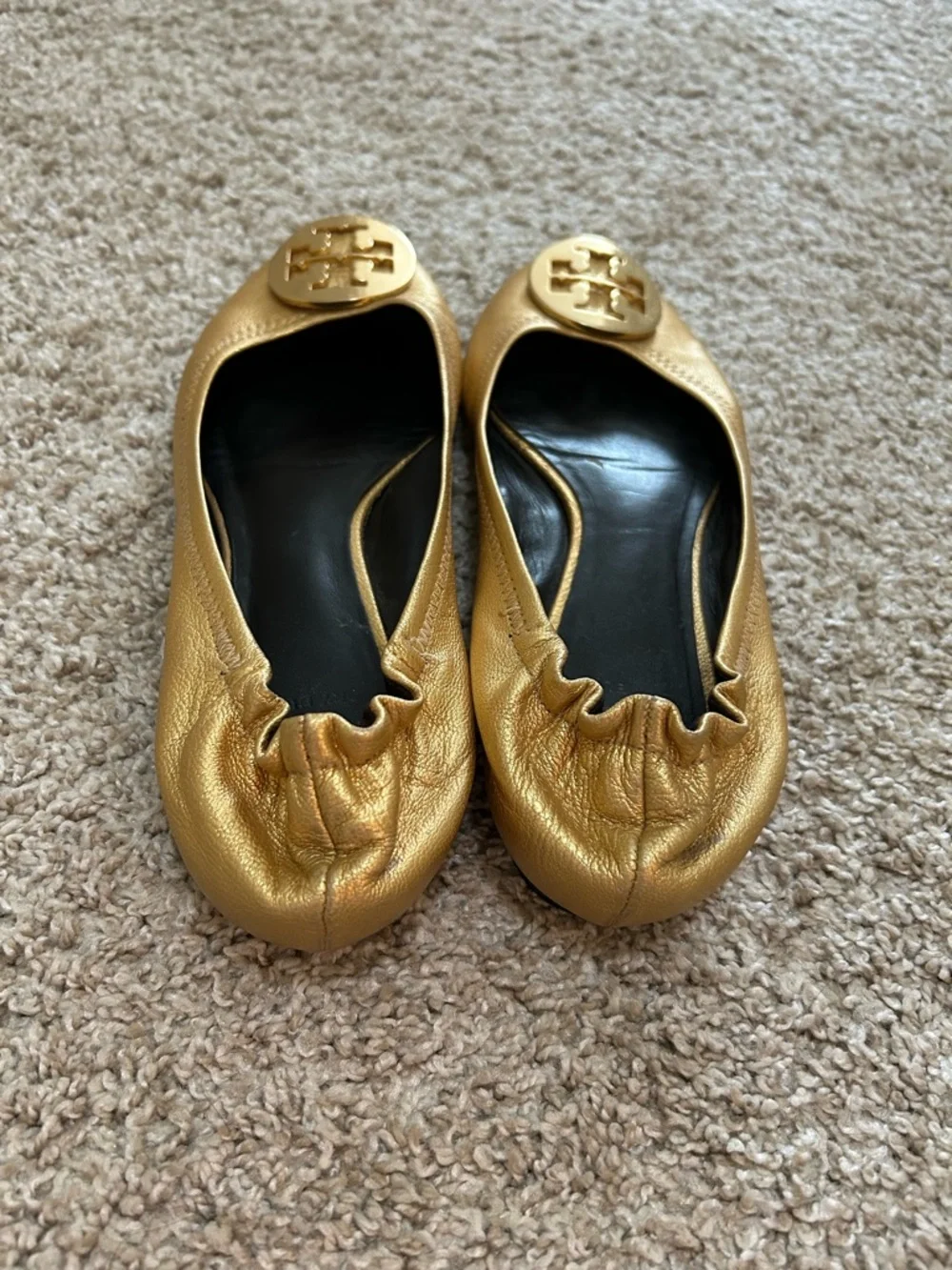 Tory Burch Reva Metallic Gold Logo Ballet Flats