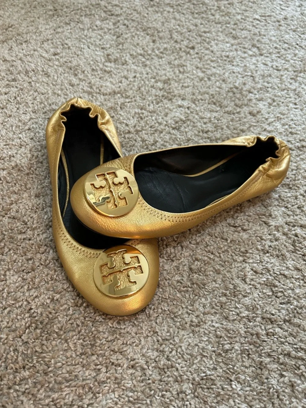 Tory Burch Reva Metallic Gold Logo Ballet Flats