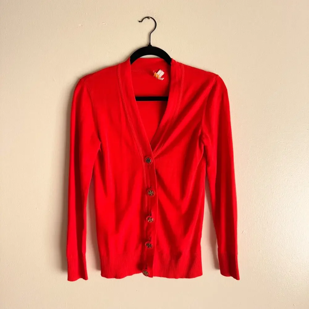 Tory Burch Red Button Front V Neck Cardigan Sweater - Small