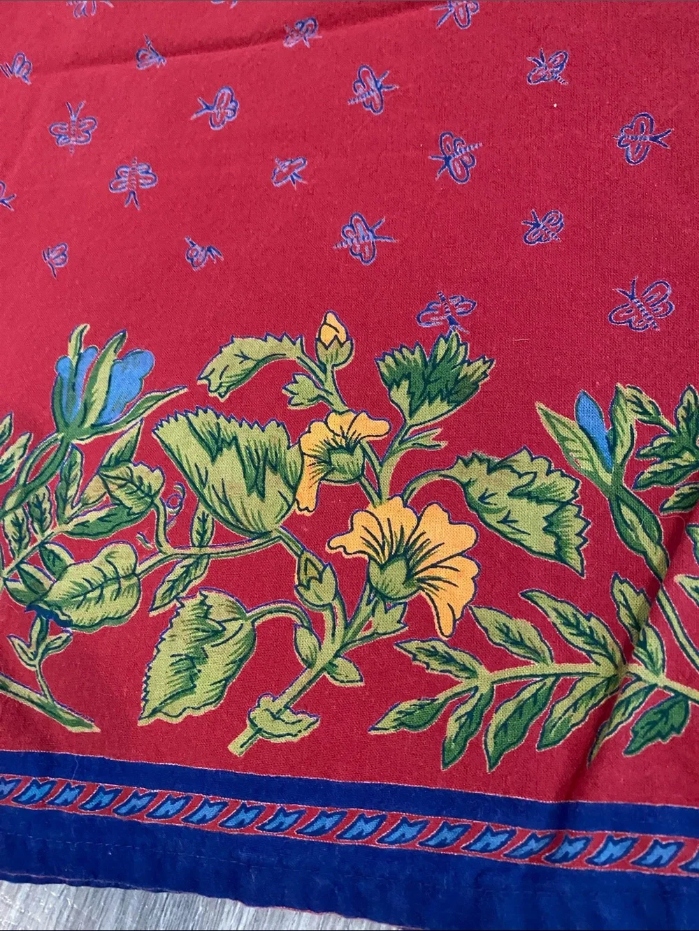 Vintage Williams Sonoma Provence Red Floral Border Tablecloth with Blue Trim