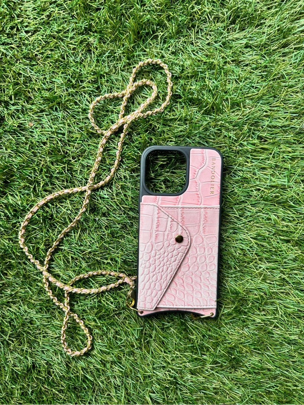 Bandolier Pink Croc iPhone 15 Pro max Phone Crossbody Case with Chain Strap