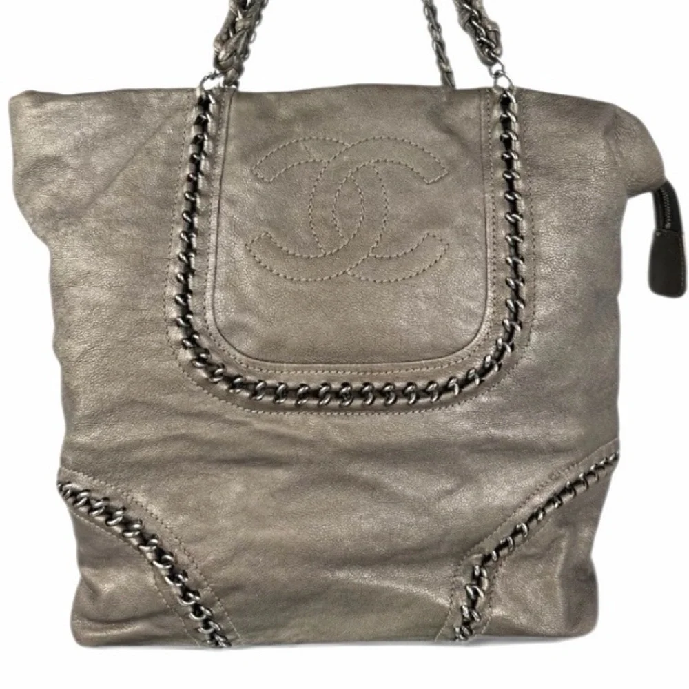 Chanel Metallic Silver Chain-Trim Leather Tote
