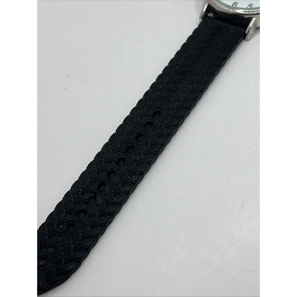 Women's Quartz Watch Black Textured Silicone Band Silver‎ 36mm Case- New Battery