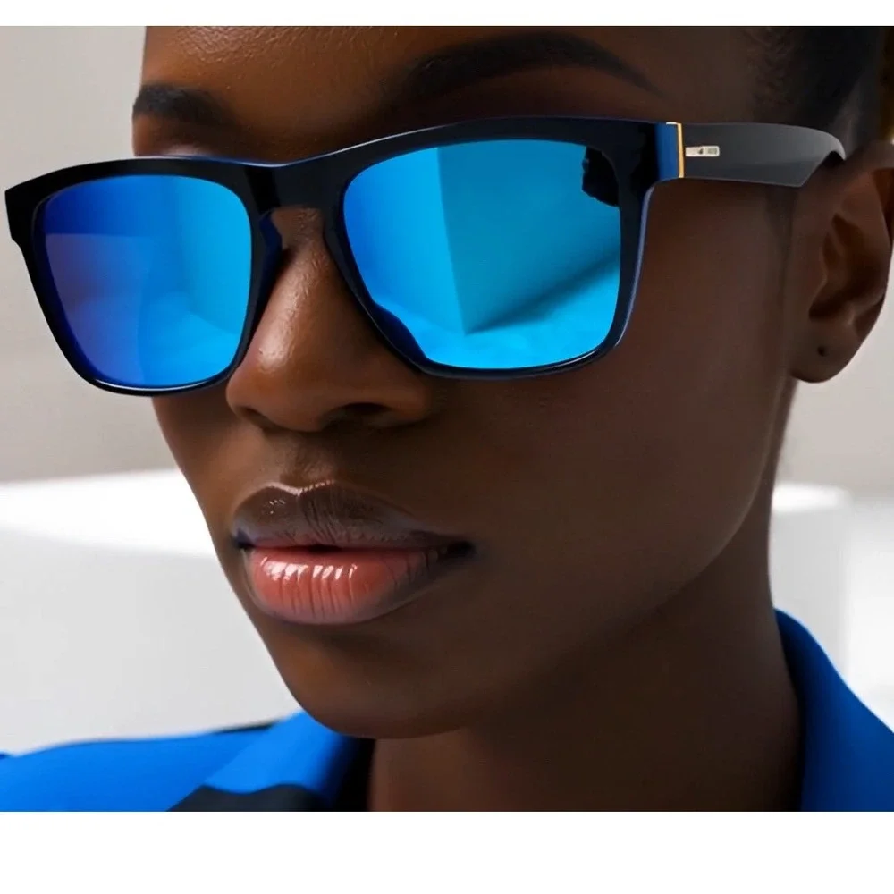 Polarized Sunglasses Women Black Blue Mirrored Lenses Square Frame UV Protection