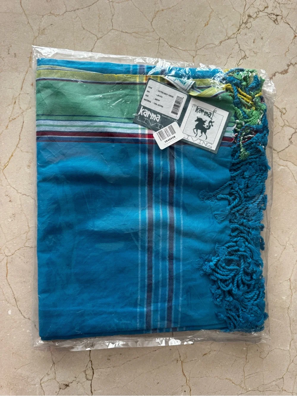 NWT Karma Living Cotton Kilkoy Throw w/ Fringe - Teal Blue Green 60 x 74 HUGE