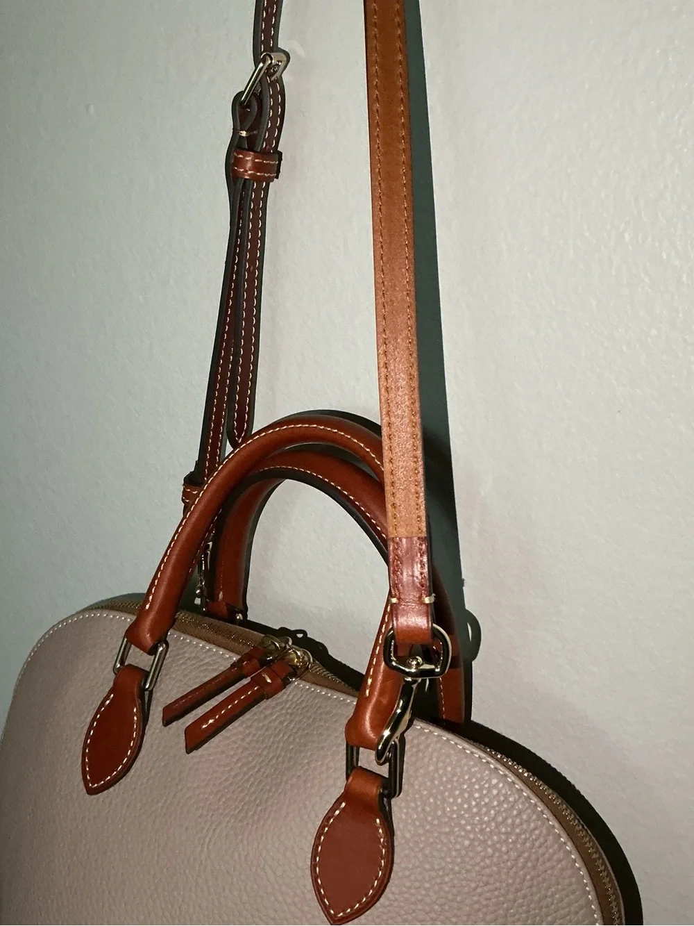 Dooney & Bourke Pebble Grain Zip Zip Dome Satchel - Oyster with British Tan Trim