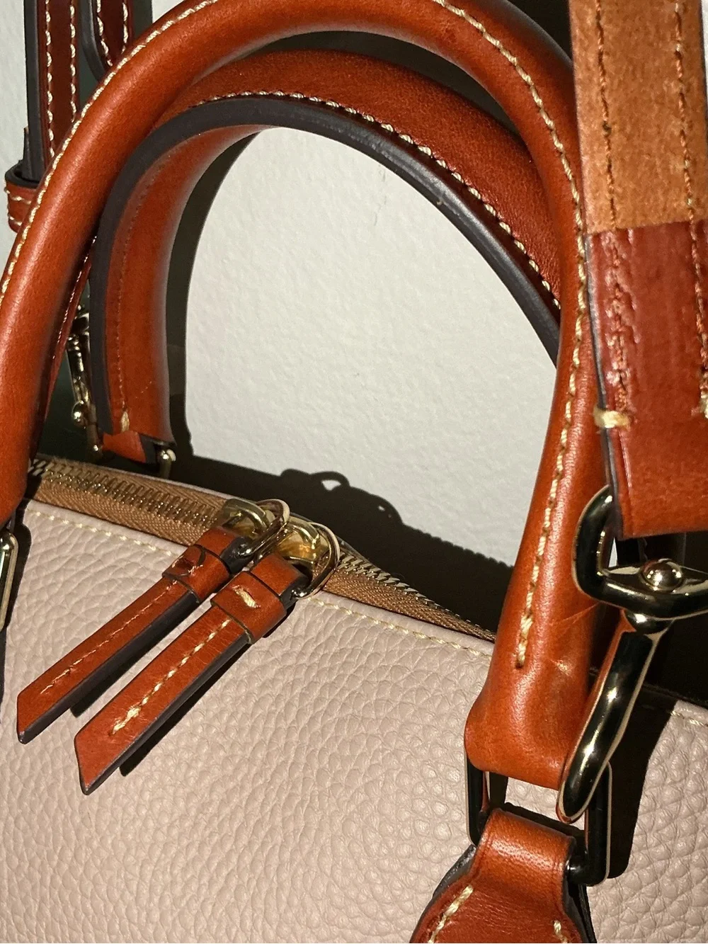 Dooney & Bourke Pebble Grain Zip Zip Dome Satchel - Oyster with British Tan Trim