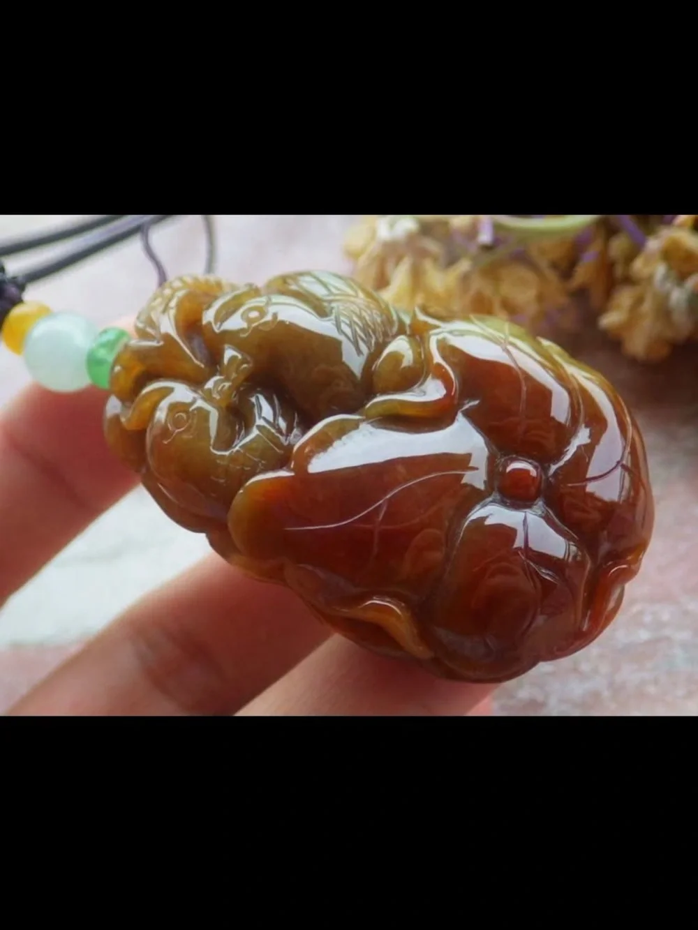Red jadeite jade mandarin duck lotus flower bird certificate pendant