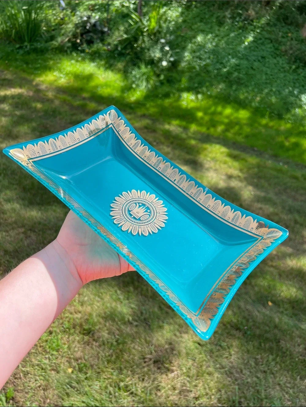 Vintage MCM George Briard Blue Teal Gold Glass Tray Hawaiian Crown Regalia
