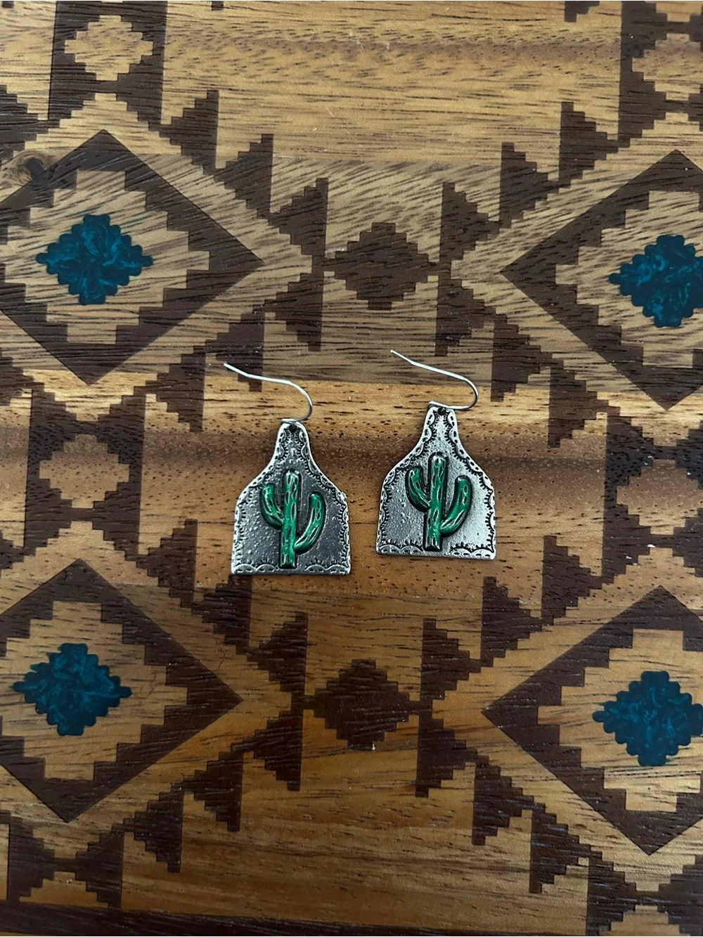 Handcrafted Silver-Tone Cactus Earrings and Pendant Set - Green Accents