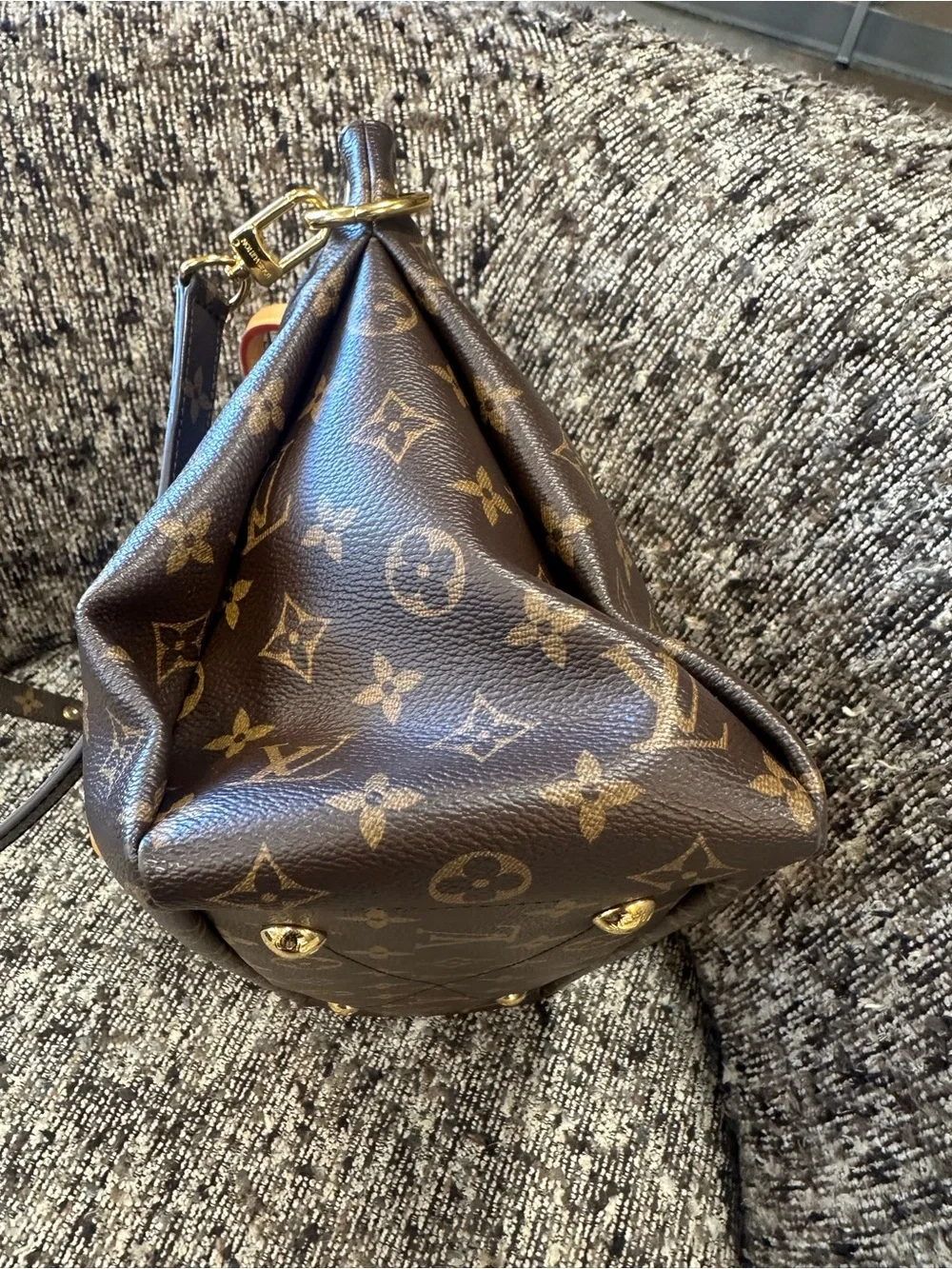Louis Vuitton Brown Monogram Satchel with Red Trim and Natural Leather Handles
