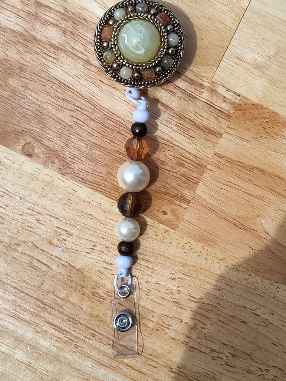 ID Vintage Brooch Beaded Retractable Badge Reel in Cream, Brown and Gold