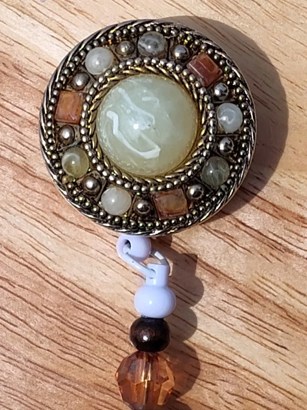 ID Vintage Brooch Beaded Retractable Badge Reel in Cream, Brown and Gold