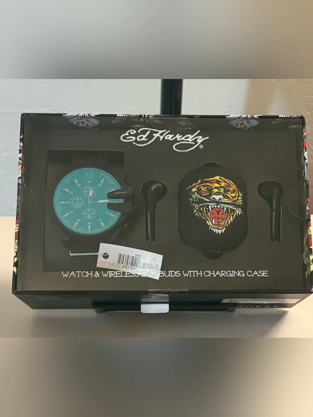 Ed Hardy Black Watch and Black Earbuds Set with Multicolor Tiger Art