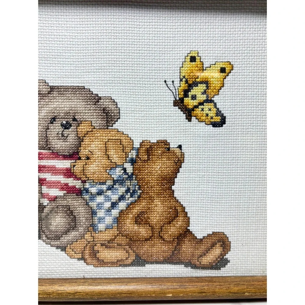 Vintage Framed Teddy Bear Picnic Cross Stitch Wall Art Decor Country
