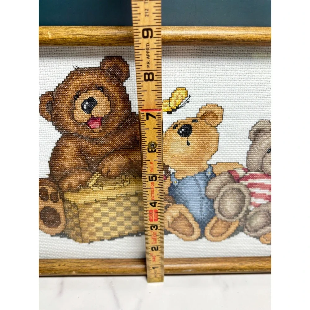 Vintage Framed Teddy Bear Picnic Cross Stitch Wall Art Decor Country