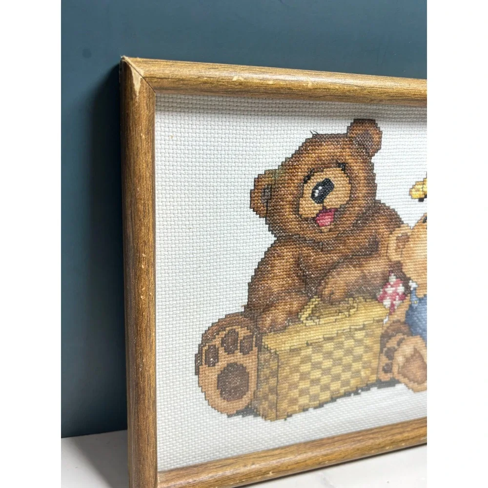 Vintage Framed Teddy Bear Picnic Cross Stitch Wall Art Decor Country