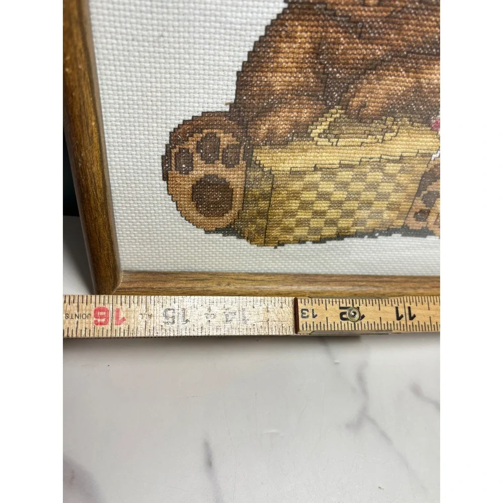 Vintage Framed Teddy Bear Picnic Cross Stitch Wall Art Decor Country
