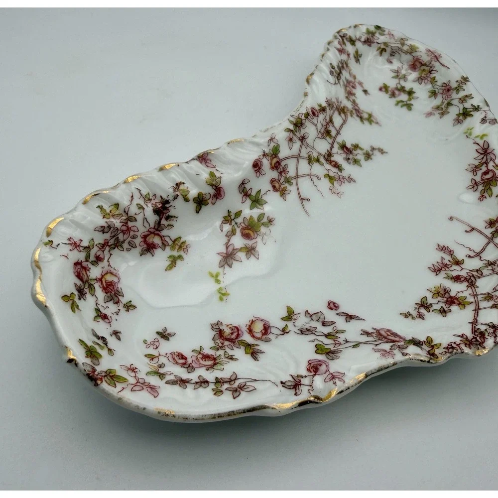 Antique Carlsbad Porcelain Bone Dish Crescent Rose Garlands Trellis Gold Trim 7