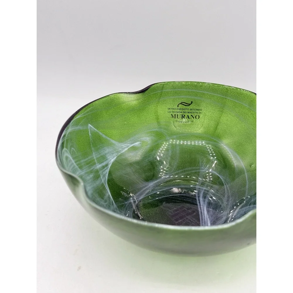 Vetro Eseguito Murano Art Glass Bowl Green Swirl Ruffle 8 Inch Made In Italy