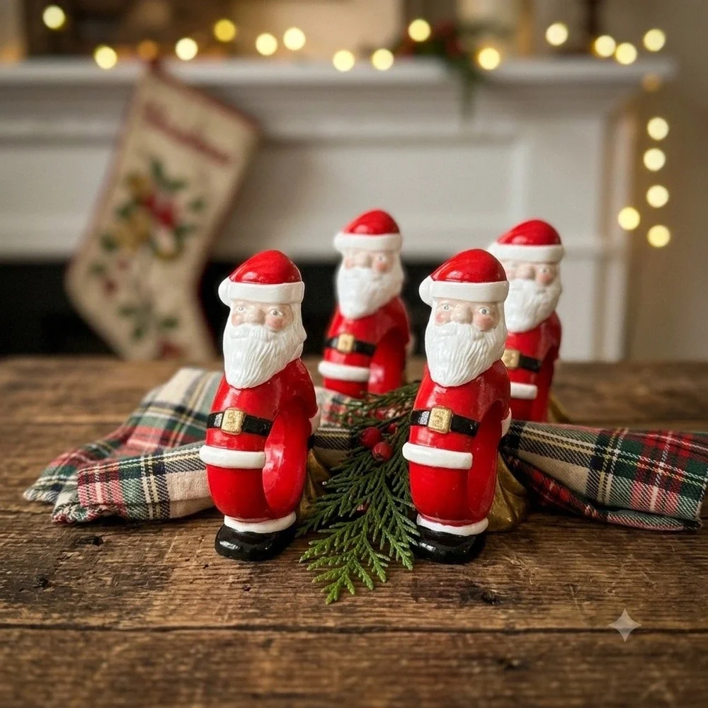 Vintage 60s Santa‎ Claus Napkin Rings Handpainted Ceramic Red Gold Set of 4 MCM