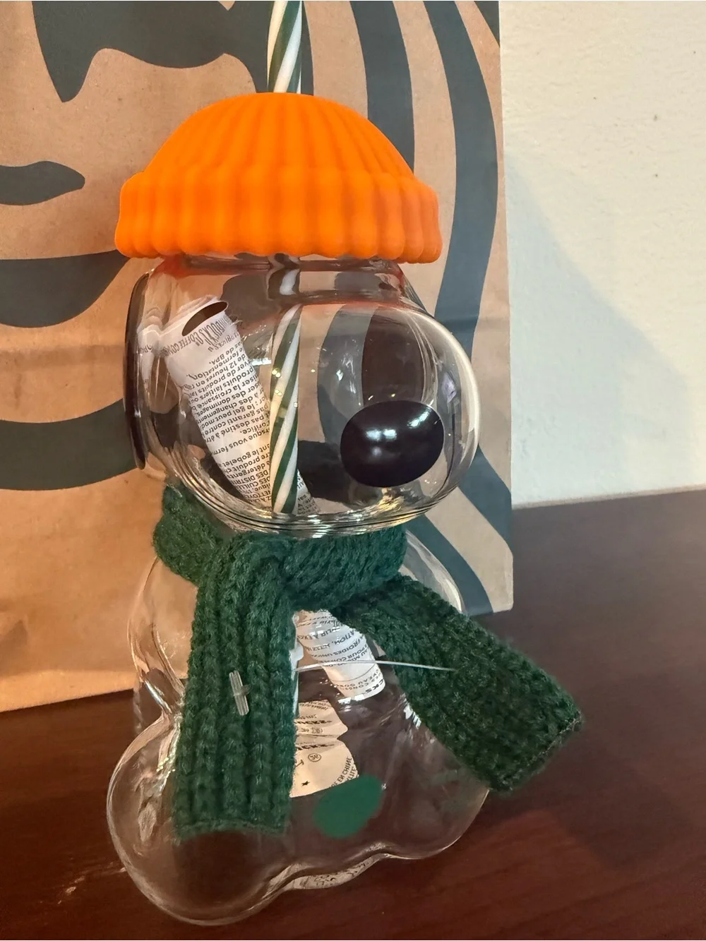 Starbucks Clear Snowman Tumbler with Orange Lid and Green Scarf