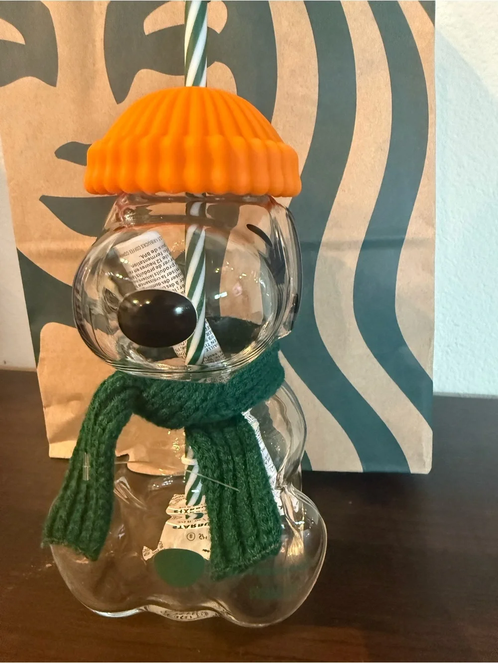 Starbucks Clear Snowman Tumbler with Orange Lid and Green Scarf
