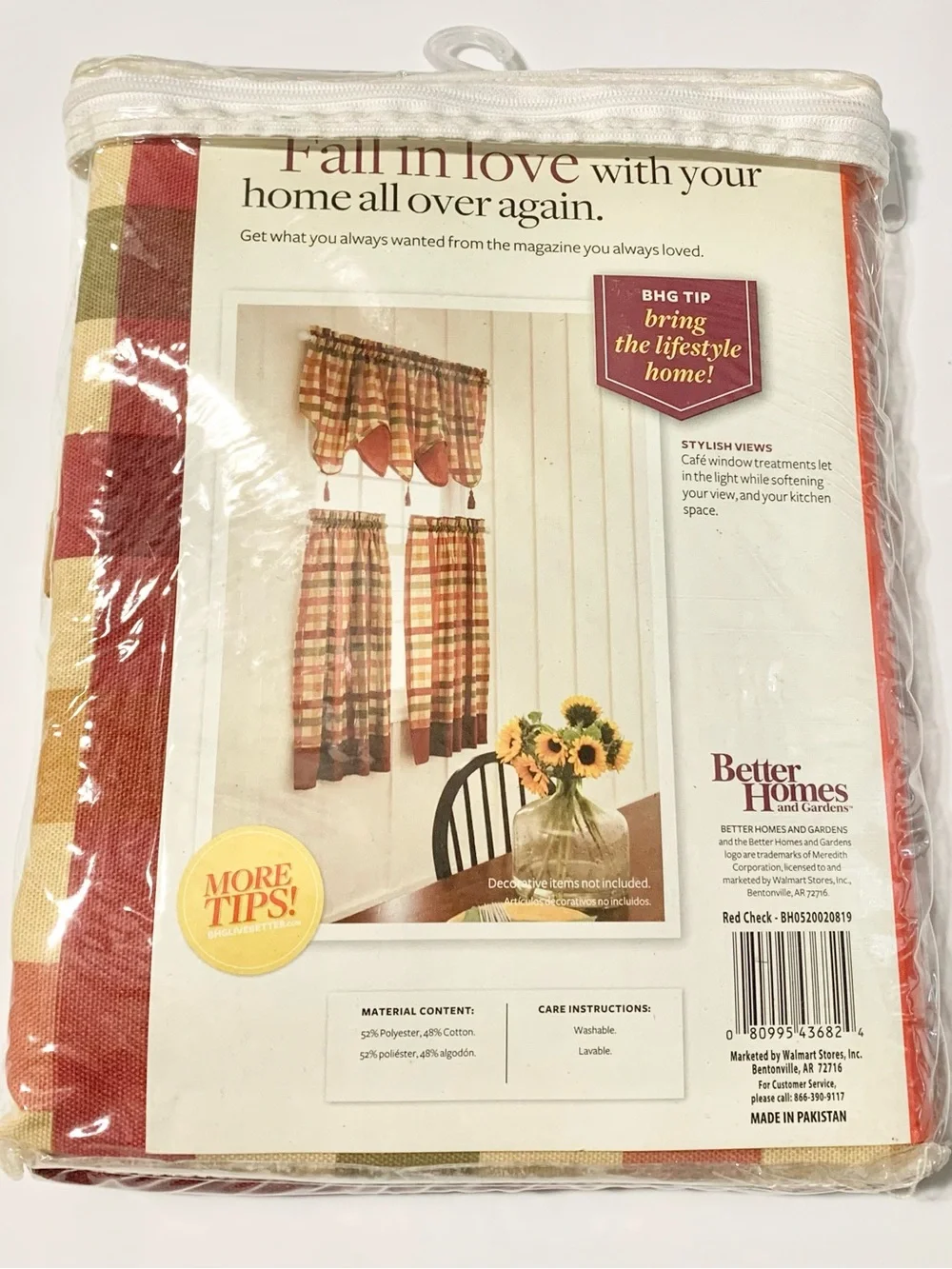 Better Homes & Gardens Red Cream Check Kitchen Tiers Curtains NEW 60” Wx36” L