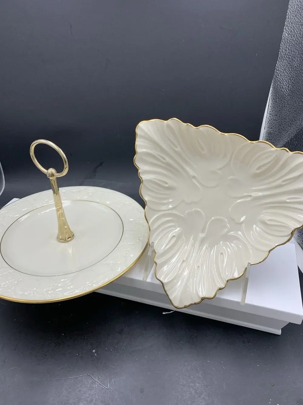 Lot of 2 Lenox Serving Pieces - Fruits of Life Tidbit Tray - Triad Leaf Embossed