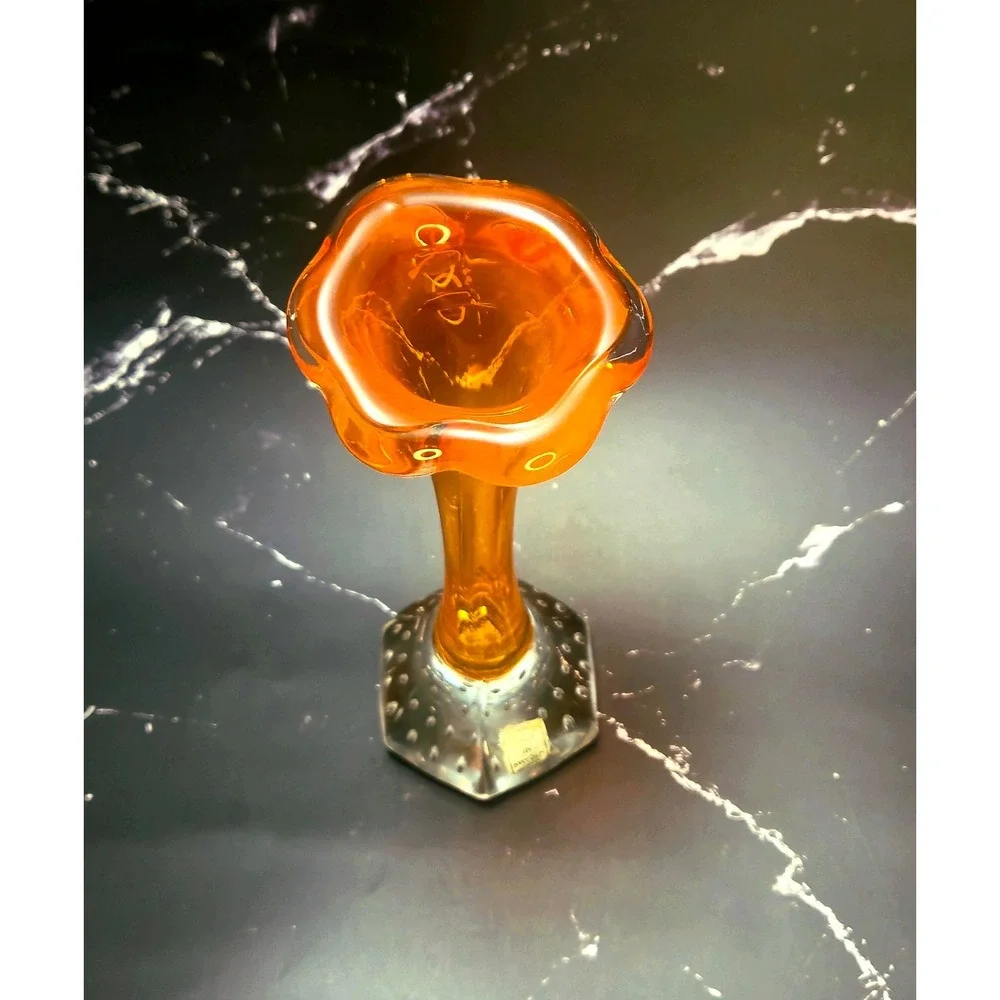 Vintage Swedish Art Glass Bud Vase Amber Orange Controlled Bubble Base 8.25