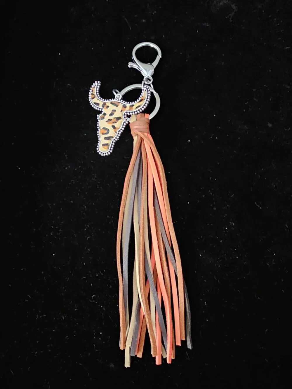 Western Tassel Leather Fringe Boho Steer Bull Head Keychain Bag Charm New