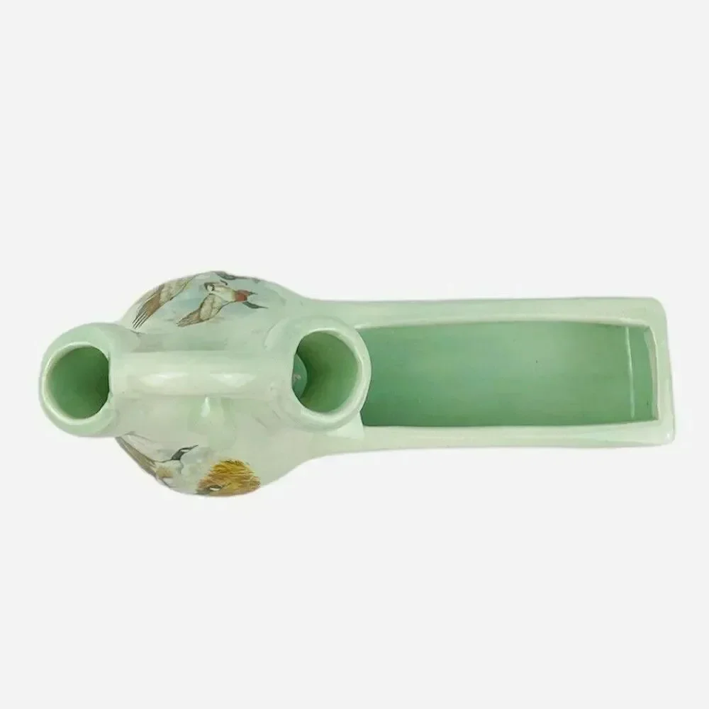 RARE VTG Green Double Opening Spout Bud Vase Planter Geese Mallard Duck Signed