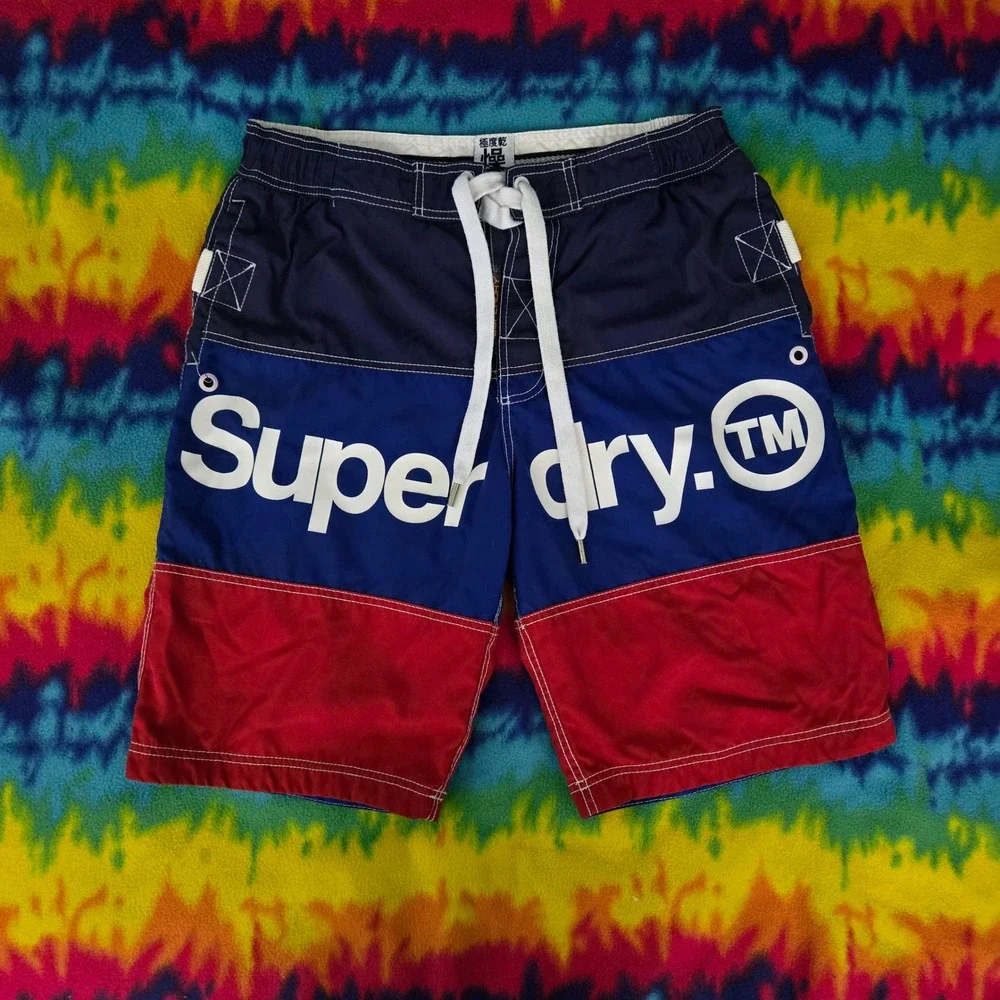 Superdry Mens XL Swim Trunks Colorblock Board Shorts Navy Blue Red Logo Cargo
