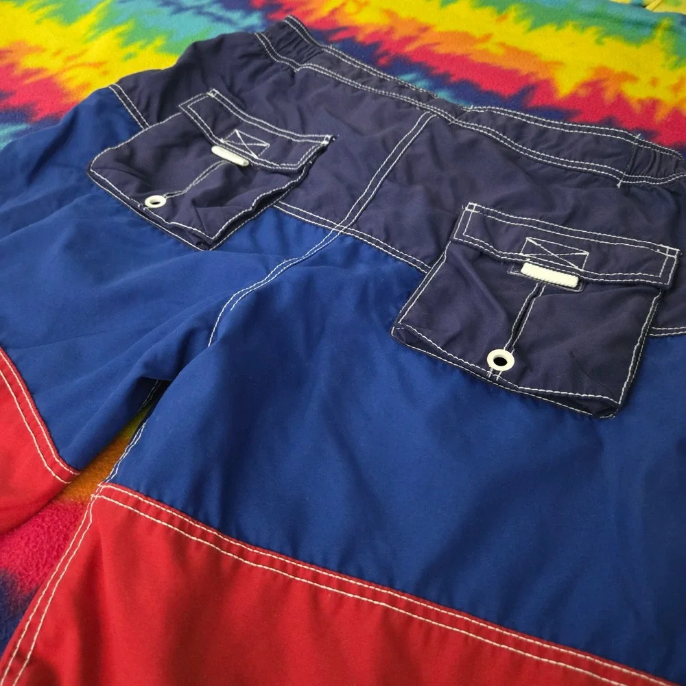 Superdry Mens XL Swim Trunks Colorblock Board Shorts Navy Blue Red Logo Cargo