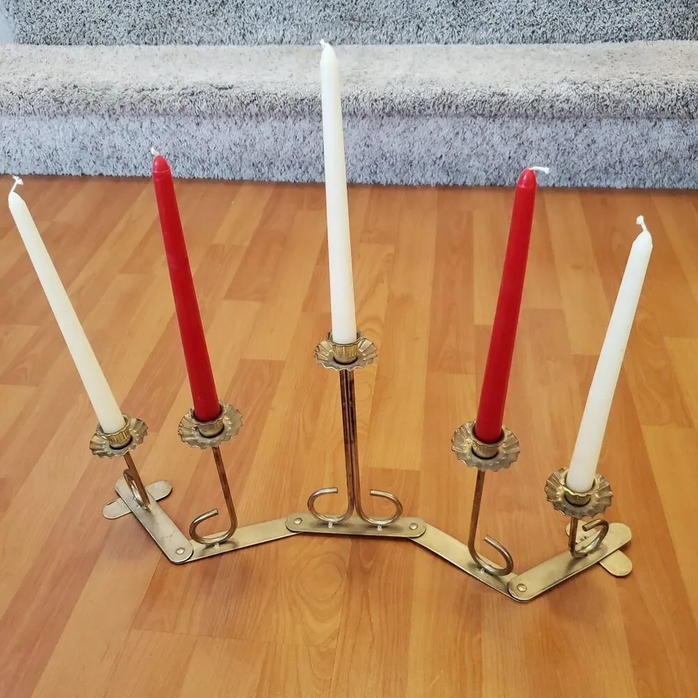 Vintage Accordian Style Candelabra Gold Tone Metal 5 Taper Candle Holder READ