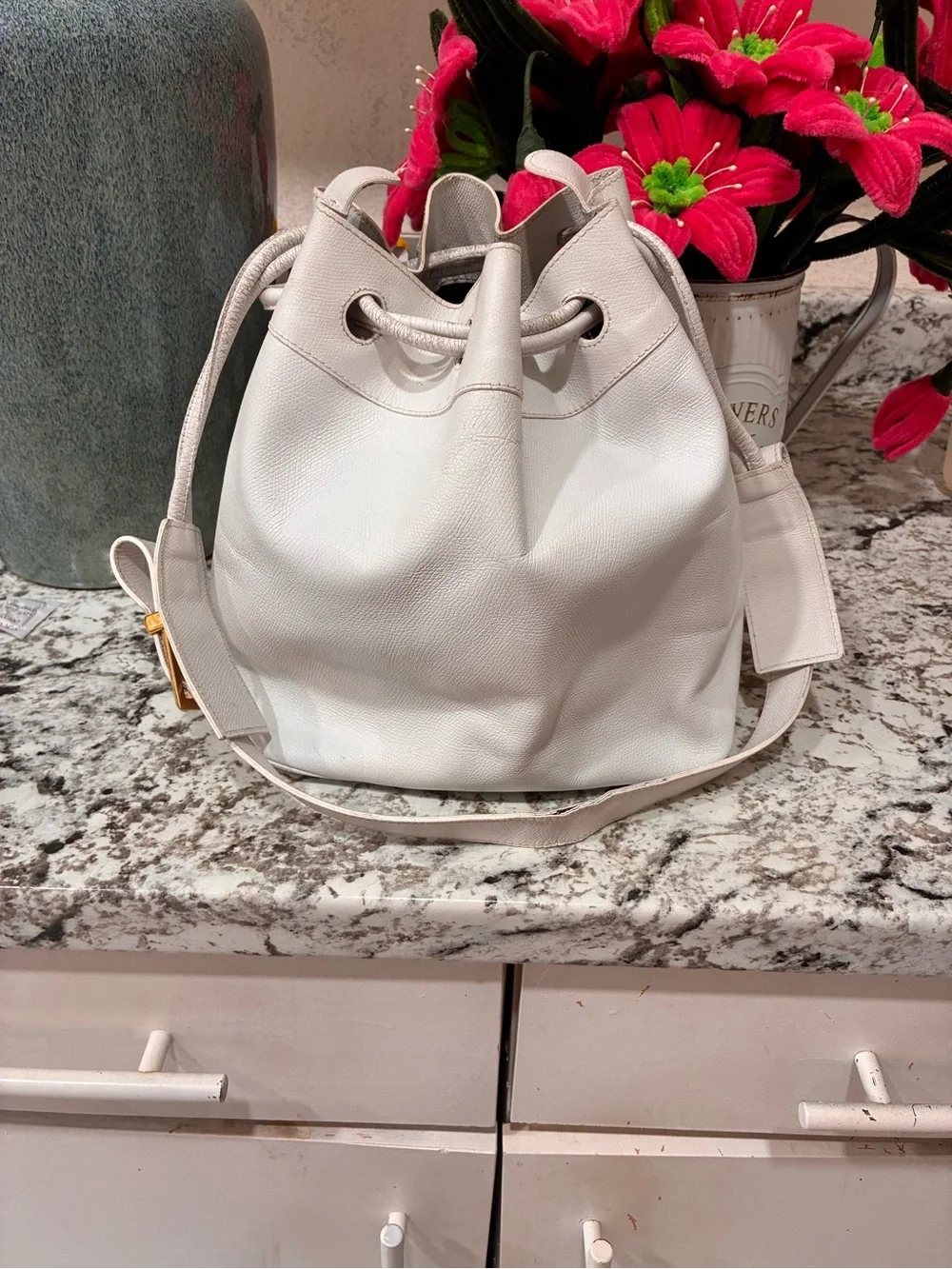 Salvatore Ferragamo White Leather Drawstring Hobo