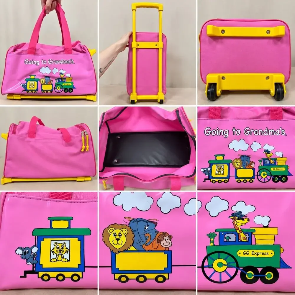 Going to Grandma’s Kids Rolling Suitcase Pink Yellow Train Animals Travel Bag