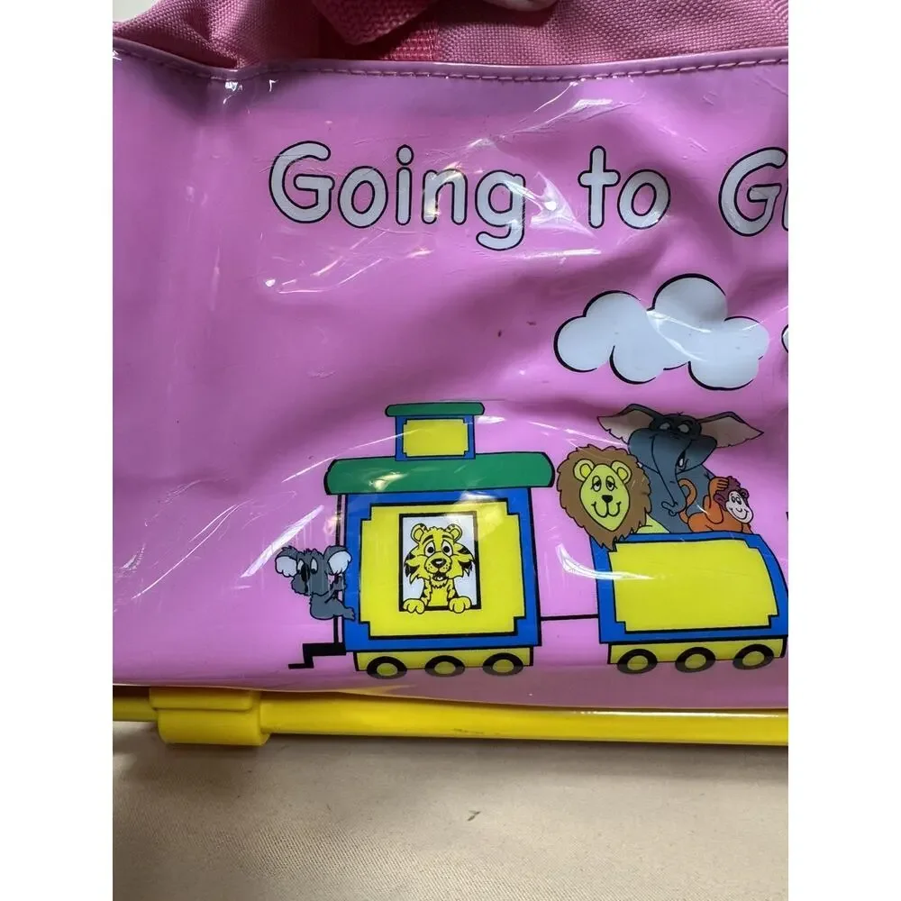 Going to Grandma’s Kids Rolling Suitcase Pink Yellow Train Animals Travel Bag