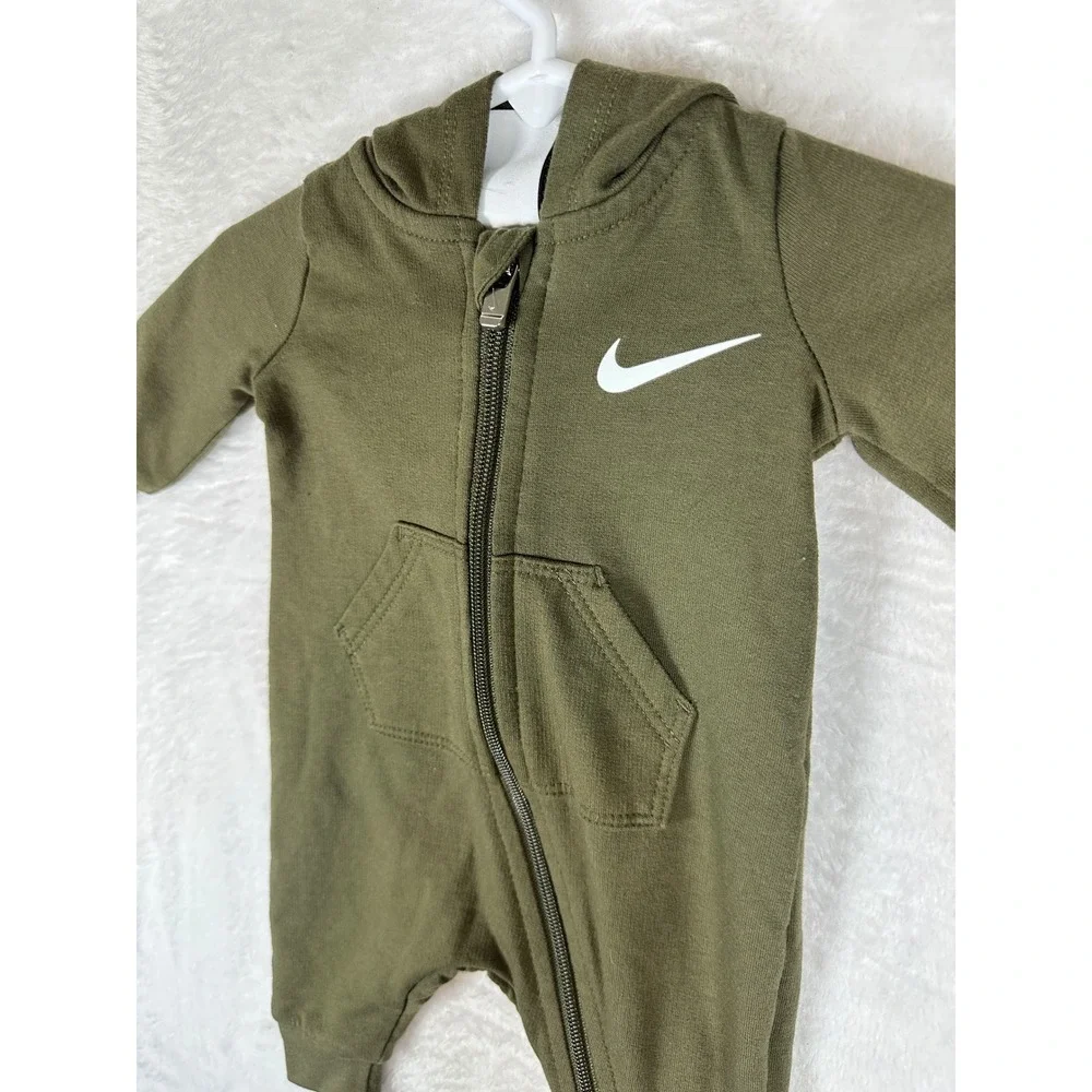 Nike Hooded Coverall Newborn Olive Green Full Zip Fleece Romper