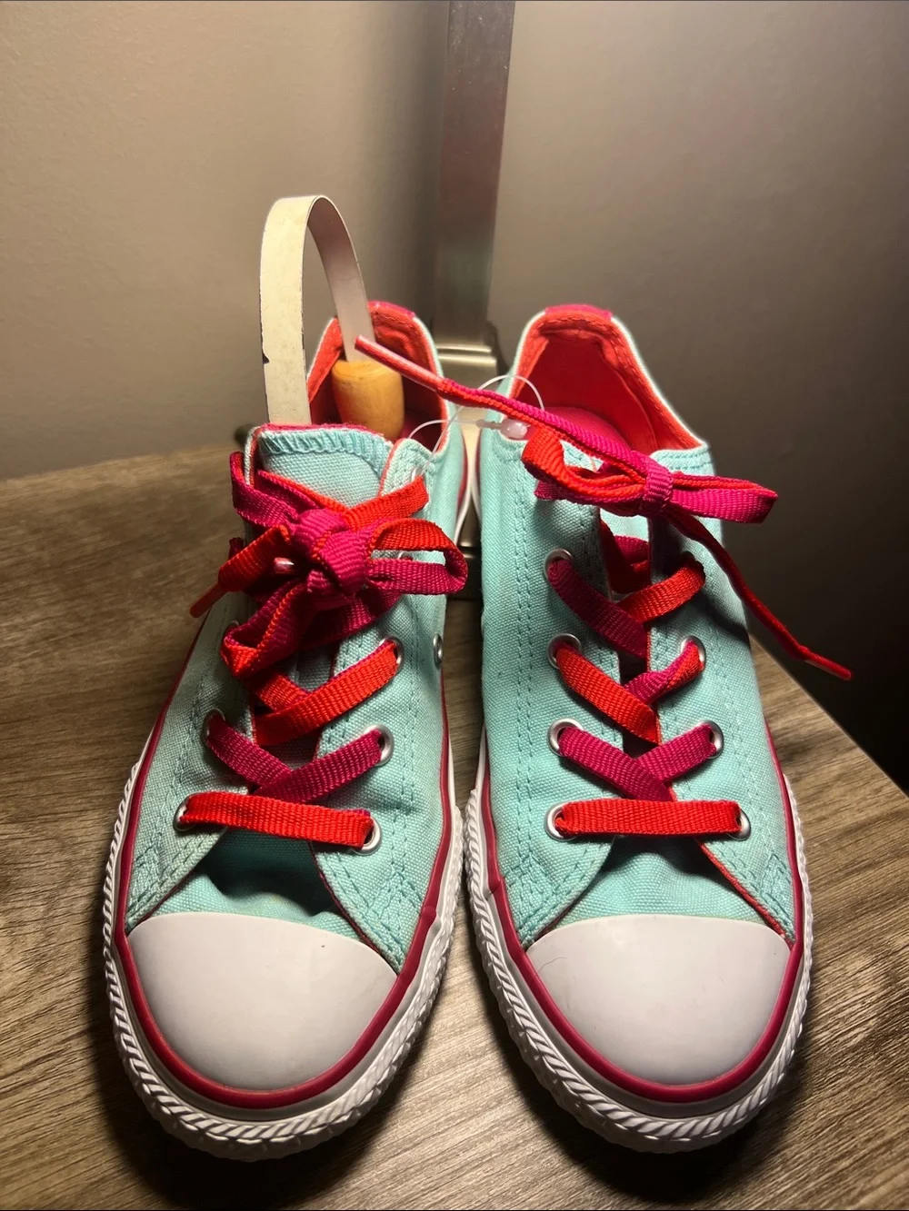 Converse Mint Green Low-Top Sneakers with Pink and Red Laces