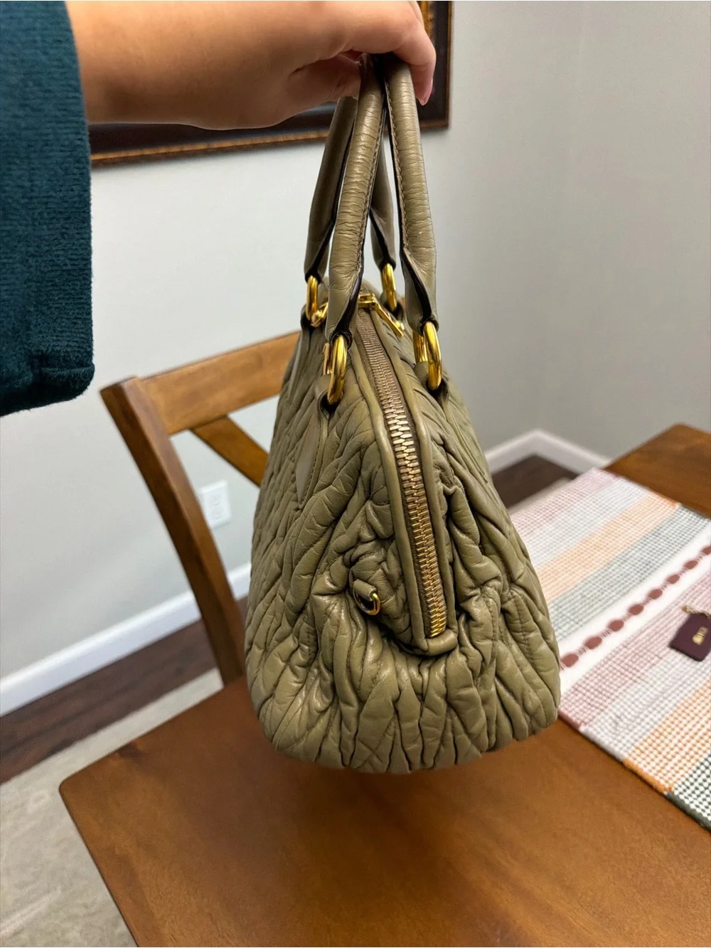 Miu Miu Olive Quilted Matelassé Leather Satchel with Gold Hardware
