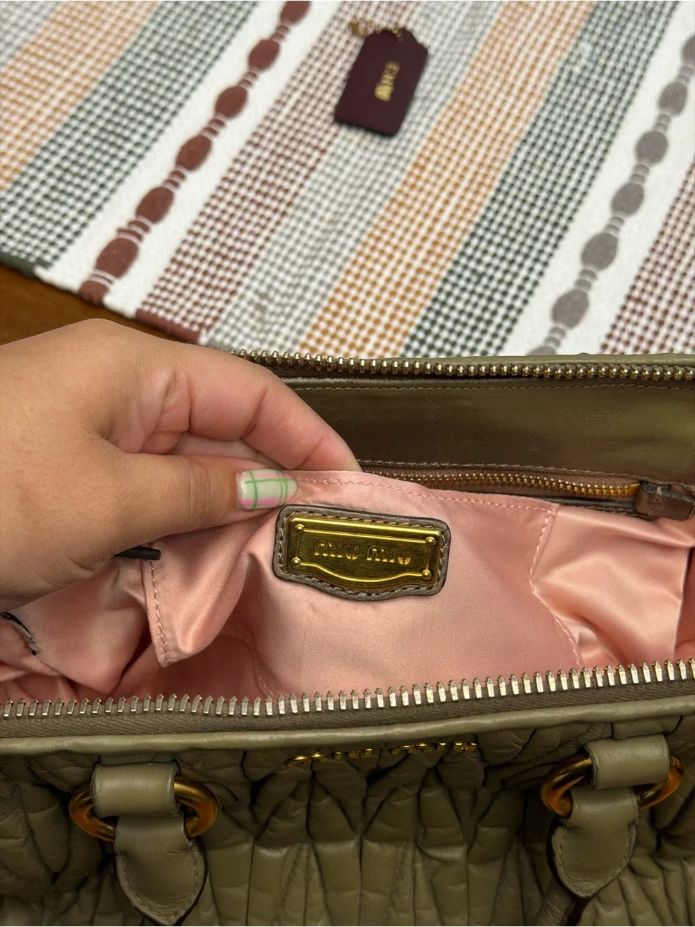 Miu Miu Olive Quilted Matelassé Leather Satchel with Gold Hardware
