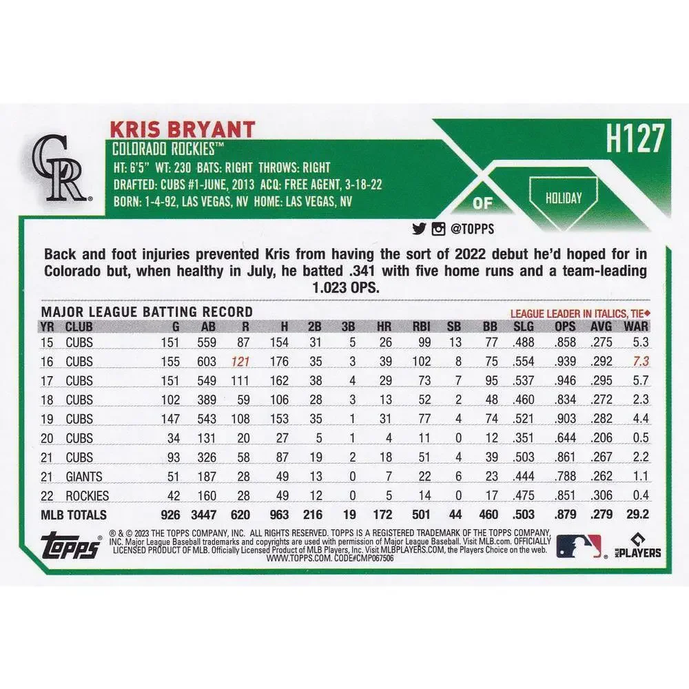 2023 Topps Holiday Kris Bryant H127 Colorado Rockies