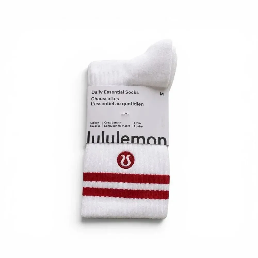 Lululemon White Red Stripe Daily Essential Crew Socks Unisex Medium NWT
