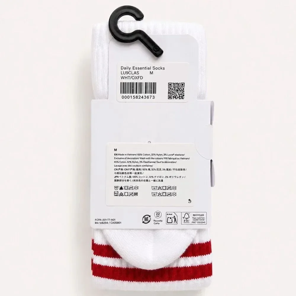 Lululemon White Red Stripe Daily Essential Crew Socks Unisex Medium NWT