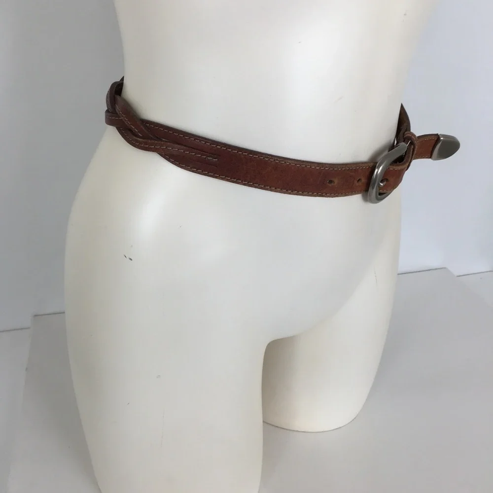 Genuine Leather Braided Belt Thin Brown Preppy Minimalist Western